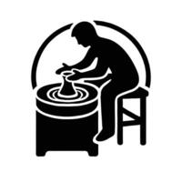 A black and white icon of a man making a pottery wheel vector