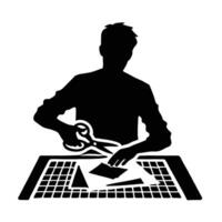 A silhouette of a man cutting paper with scissors vector