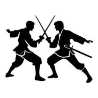 Two men in karate stance with swords vector
