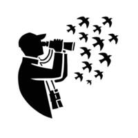 A man with binoculars and birds flying around him vector