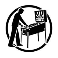 A man playing a pinball machine in a black and white logo vector