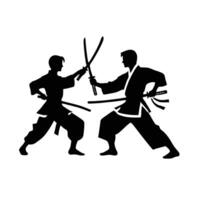 Two men in karate stance with swords vector