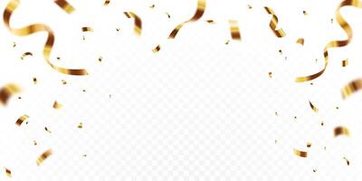 Gold confetti. Confetti celebration party background design, Falling shiny golden confetti isolated on transparent background, Celebration carnival ribbons, confetti, vector