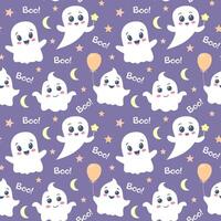 Cute ghosts seamless pattern. Halloween background. Spooky baby characters, stars, moon and boo text vector