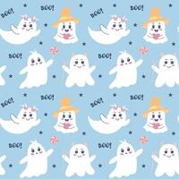 Cute ghosts seamless pattern. Halloween print. Spooky baby characters, stars and boo text on blue background vector
