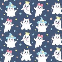 Cute ghosts seamless pattern. Halloween background. Spooky baby characters with different emotions on dark blue background vector