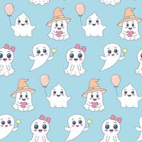 Cute kawaii ghosts seamless pattern. Halloween background. Spooky baby characters with different emotions on blue background vector