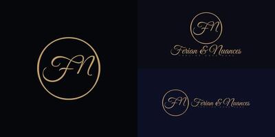 Modern initial circle letter FN or NF logo in gold color isolated on multiple background colors. The logo is suitable for wedding invitation logo design inspiration templates. vector