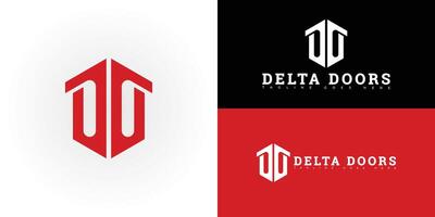 Modern initial hexagon letter D or DD logo in red color isolated on multiple background colors. The logo is suitable for commercial metal and wood door brand logo design inspiration templates. vector