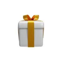 3d render Christmas gold present front view. illustration of realistic surprise with ribbon. Wrapped prize for party, event, birthday. Rendering gift to shopping sale. Trendy package with bow vector