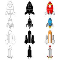 Set of Rockets or Spaceships in black and white Silhouette with a white outline and colour isolated on a white background vector