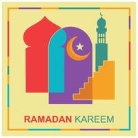 Ramadan Kareem colorful in geometric style. Mosque, moon, stars and dome. Ramadan concept. Flat illustration. vector