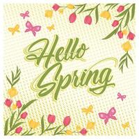 Spring with green leaves, flowers, and butterflies. Flowers blooming in spring. Spring Flourishing concept. Flat illustration. vector