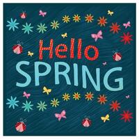 Hello Spring text with colorful floral decoration. Spring with flowers, bees, and ladybugs. Spring Flourishing concept. Flat illustration. vector