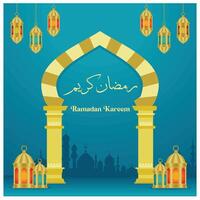 Mosque arch with Arabic calligraphy and lanterns. Mosque silhouette in blue color. Ramadan concept. Flat illustration. vector