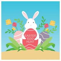 Easter Egg Hunt with cute bunnies and colored eggs. Religious celebration background. Easter 2025 concept. Flat illustration. vector