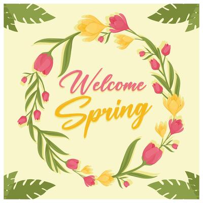 Bouquet with colorful tulips. Circle frame with summer flowers. Spring Flourishing concept. Flat illustration.