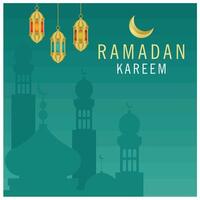 Ramadan Kareem with hanging lanterns and crescent moon. Silhouette of the mosque in cool turquoise. Ramadan concept. Flat illustration. vector
