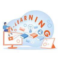 Women using e-learning applications on computers. Concept of learning with technology. E-learning concept. Flat illustration. vector