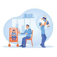 The father is on paternity leave. The father feeds the child and plays with the child. Maternity and paternity leave concept. Flat illustration. vector