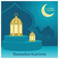 Lanterns are displayed on stage with light shining at night. Camel on blue background. Ramadan concept. Flat illustration. vector