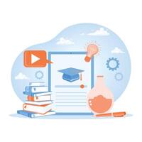Online learning applications. Group of people using smartphones and educational . E-learning concept. Flat illustration. vector