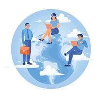 People are around the globe with computers. Work from anywhere in the world. Remote Work Online concept. Flat illustration. vector
