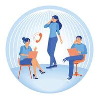 Virtual assistants talk to clients via phone and laptop. Customer support center. Business communication concept. Flat illustration. vector