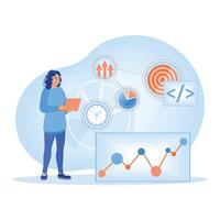 SMART goal setting. Businesswomen analyze data and set business goals. Business analysis instruments concept. Flat illustration. vector
