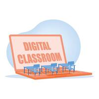 Digital classroom for distance learning. Modern classroom desk over laptop keyboard. Online Education concept. Flat illustration. vector