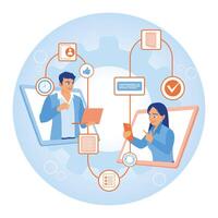 Managers provide tasks and feedback on projects to employees. Remote workflow. Remote Work Online concept. Flat illustration. vector