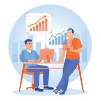 Two businessmen discussing at work. Analyze data and develop business strategies. Business analysis instruments concept. Flat illustration. vector