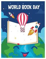 Open book on the globe with astronomy icons. Blue sky background. Happy Book Day concept. Flat illustration. vector