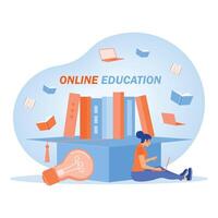 Female student studying online at home. Learn to use books and laptops. Online Education concept. Flat illustration. vector