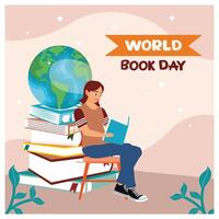 A girl sits on a chair and reads a book. A pile of books with an earth globe. Happy Book Day concept. Flat illustration. vector