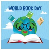 Open book with globe. Flying book on blue sky background. Happy Book Day concept. Flat illustration. vector