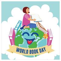 A girl sits on a globe with colorful books. White clouds background. World Book Day concept. Flat illustration. vector