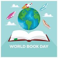 Globe and open book. Colorful book with a flying rocket. World Book Day concept. Flat illustration. vector