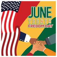 Dark-skinned hands interlocked on the background of American and Pan-African flags. Juneteenth concept. Flat illustration. vector
