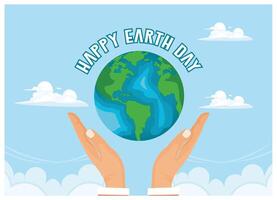 A person's hand holding a globe. Clouds and blue sky in the background. Earth Day concept. Flat illustration. vector