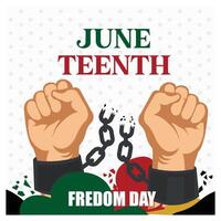 Two hands clenched into fists with broken chains. Juneteenth Celebrates Black Freedom. Juneteenth concept. Flat illustration. vector