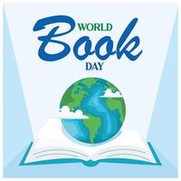 Planet Earth and open book. Blue color background and white clouds. World Book Day concept. Flat illustration. vector