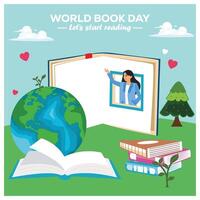 A girl waves through a book by a window. Imagination when reading a book. World Book Day concept. Flat illustration. vector