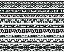 Set of 9 decorative geometric seamless borders in ethnic style. Collection of pattern brushes for frames. Aztec tribal ornaments. Freehand drawing. Black and white design vector
