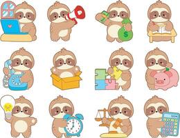 Variation of sloth do study and learning activities. Cute sloth icon. Funny baby sloth animal series stock illustration. Slow life of fluffy sloth designs. vector