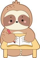 A sloth study in the table. Cute sloth icon. Funny baby sloth animal series stock illustration. Slow life of fluffy sloth designs. vector