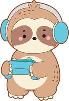 A sloth playing a game with joystick and headphone. Cute sloth icon. Funny baby sloth animal series stock illustration. Slow life of fluffy sloth designs. vector