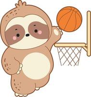 A sloth playing a basketball in the field. Cute sloth icon. Funny baby sloth animal series stock illustration. Slow life of fluffy sloth designs. vector