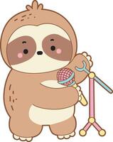 A sloth want to sing a song with microphone. Cute sloth icon. Funny baby sloth animal series stock illustration. Slow life of fluffy sloth designs. vector
