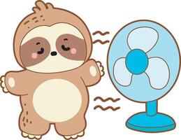 A sloth in front of the fan. Cute sloth icon. Funny baby sloth animal series stock illustration. Slow life of fluffy sloth designs. vector